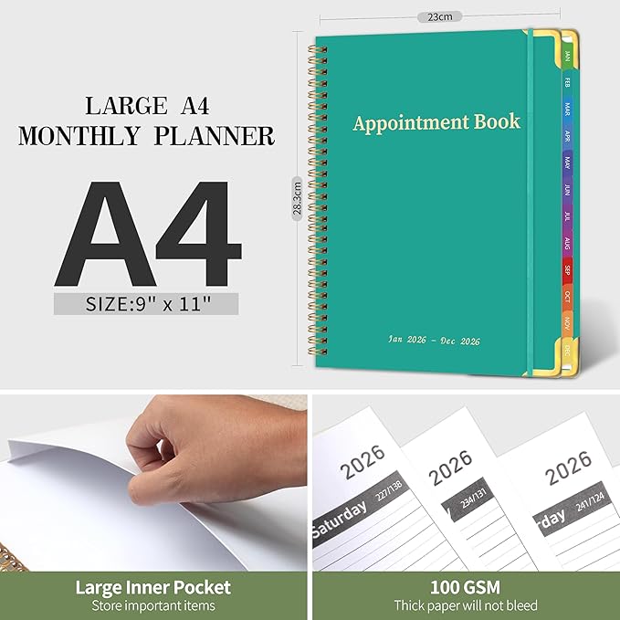 2026 Appointment Book/Planner - 2026 Daily Hourly Planner from Jan. 2026 - Dec. 2026, Weekly appointment Book 2026, 2026 Hourly planner with 20-Minute Interval, 9" x 11", Twin-Wire Binding, Colorful Tabs, Pocket -Aquamarine