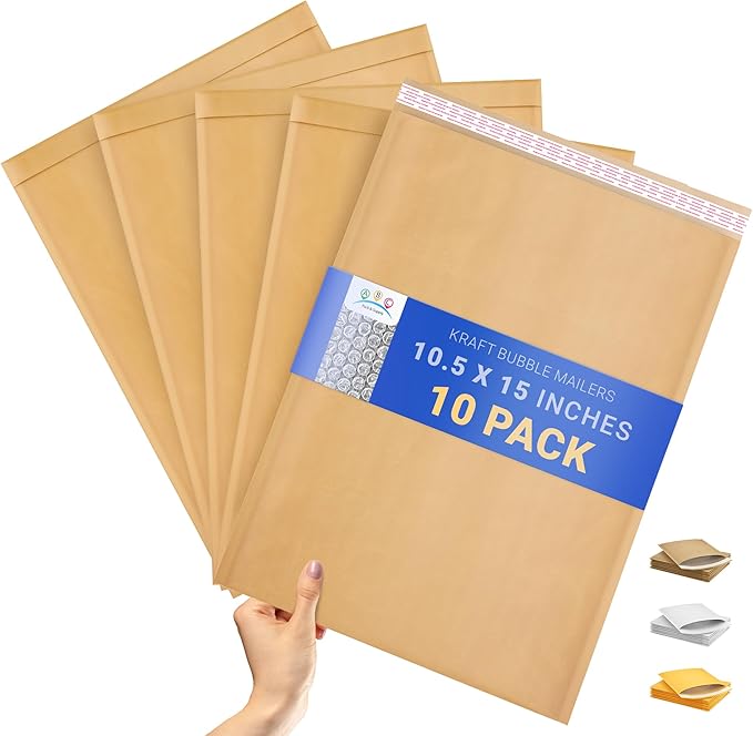 ABC PACK & SUPPLY Brown Kraft Bubble Mailer Envelopes, 10.5 x 15 Inches. 10 Pack Mail Padded Envelopes Self Seal. Kraft Bubble Mailers. Tear-Resistant Mailing Envelope Padded. Sturdy Paper Mailer