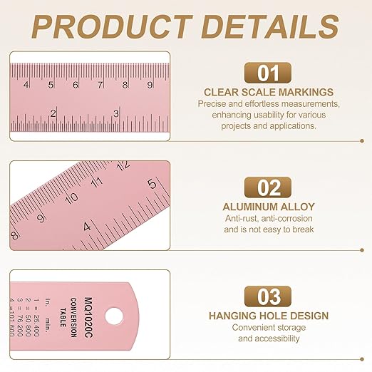 HARFINGTON 4pcs Metal Straight Ruler 20cm Metric SAE Aluminum Alloy Measuring Rulers Scale Tool with Hole for Measure Study Reading Classroom Office, Pink