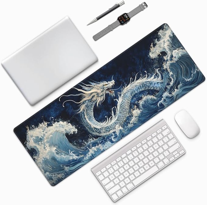 Dragon Wave Mouse Pad 31.5 X 11.8 Inch Big Desk Rubber Base Stitched Edges Keyboard Pad XXL Mouse Mat for Home Game and Office