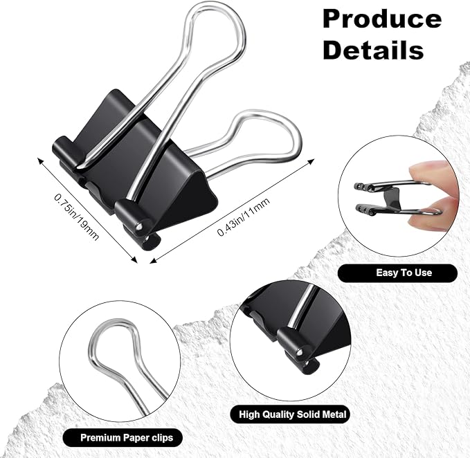 Ufmarine 60 Pcs Small Binder Clips 3/4 Inch Length, Black Small Paper Clips for Office, Standard Size