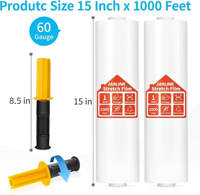 JARLINK Stretch Film, 15 Inch x 1000 Feet Shrink Wrap for Pallet Wrap, Industrial Strength Stretch Wrap with Handles, Moving Wrapping Plastic Roll, 60 Gauge, 1 Pack, Clear
