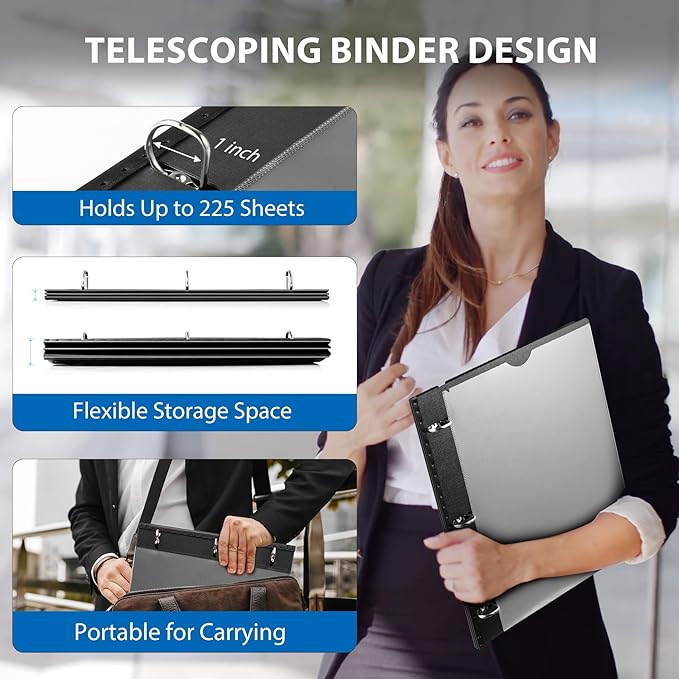 1 Inch Telescoping 3 Ring Binder-12PCS, Flexible Binder with Customized Front Cover, Holds 225 Sheets, School Office Supplies, Black