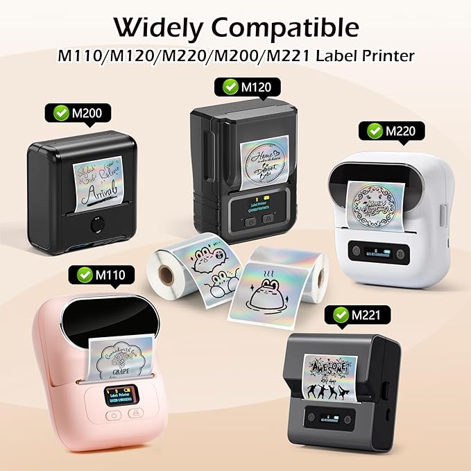 HuiJuKeJi 2 Rolls Holographic Silver Thermal Labels Paper for Phomemo M110 M200 M220 M221,50x50MM Round＆Square,Waterproof Self-Adhesive Mini Printer Laser Stickers for DIY Glitter Labels/Thanks Card