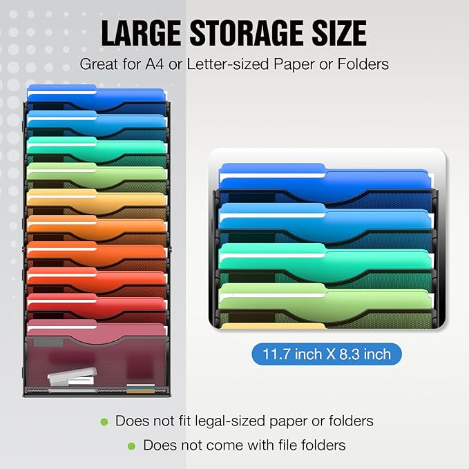 11 Tier Wall File Holder Hanging Wall Mount Paper File Organizer for Mails Folders Document Magazine Organization, for Office School Home, Black