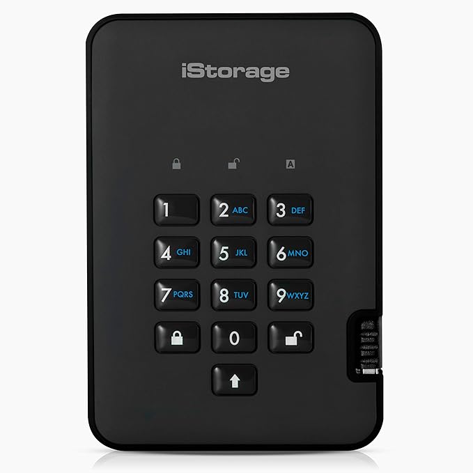 iStorage diskAshur2 HDD 3TB Black - Secure portable hard drive - Password protected - Dust & water resistant - Hardware Encryption
