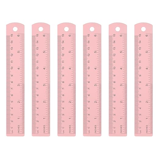 HARFINGTON 6pcs Metal Straight Ruler 15cm Metric SAE Aluminum Alloy Measuring Rulers Scale Tool with Hole for Measure Study Reading Classroom Office, Pink