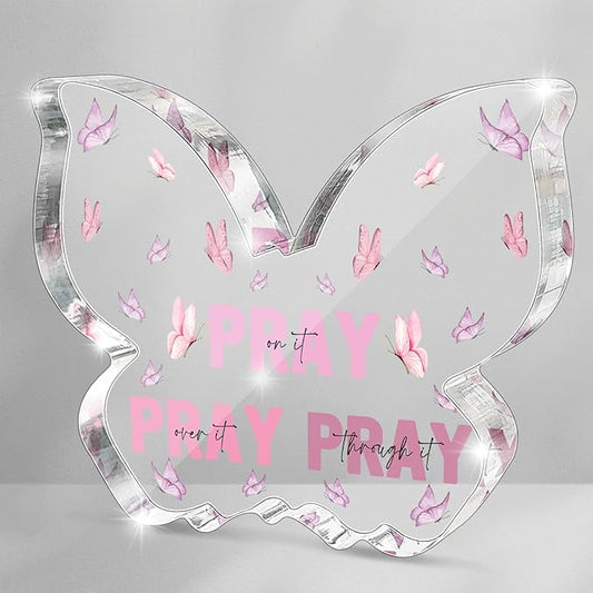 Pink Christian Gifts for Women, Religious Plaques Christian Woman Decor Gifts, Modern Home Office Room Bathroom Bedroom, Pray On It Over It Acrylic Sign for Teacher Boss Friend(Butterfly)