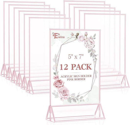 EHWINE 12 Pack Acrylic Sign Holder 5 x 7, Double-Sided Stand up Table Top Sign Holders, Pink Acrylic Picture Frame Menu Flyer Paper Holder Display Stand for Office Business Store Wedding Party