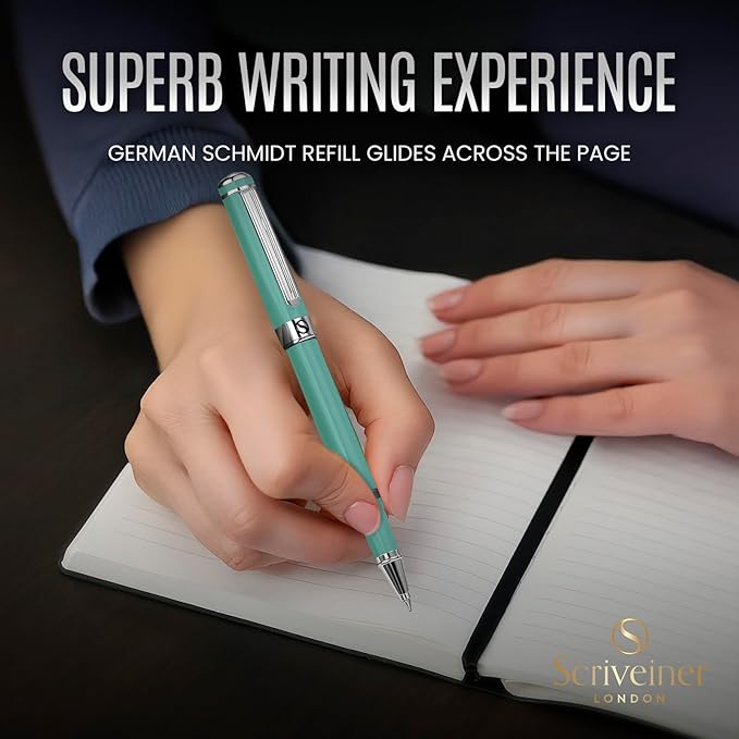 Scriveiner Mint Green Rollerball Pen - Stunning Luxury Pen With Chrome Finish, Schmidt Ink Refill, Best Roller Ball Gift Set for Men & Women, Professional, Executive Office, Nice Pens