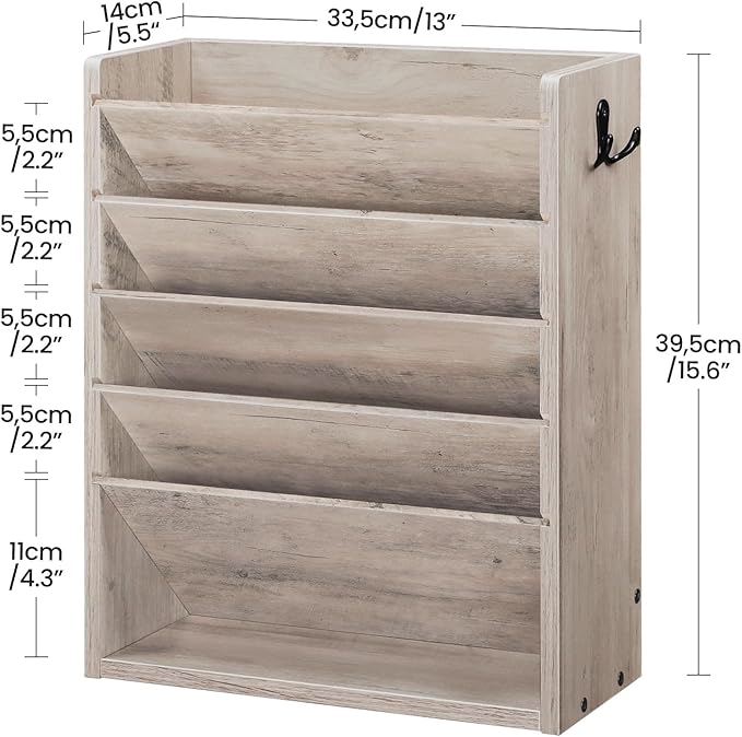 Wall File Organizer, 6-Tier Vertical Mount Hanging Holder with 2 Side Hooks, Modern Wooden Magazine Storage Holder with Bottom Tray, Desk Organizer, for Office, Home, Greige MWJ01FH