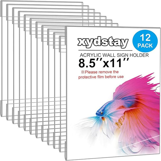12pack 8.5 X 11 Wall Mount Acrylic Sign Holder with Tape, Clear Plastic Menu Holder, Unbreakable Table Sign Holder for Office, Restaurant, Store, School and Home Use with Notch