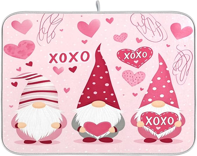 Happy Valentine Hearts Gnomes Dish Drying Mat 18 X 24 In Red Love Absorbent Microfiber Dry Dishes Pads Tableware Mats Protector for Kitchen Countertops Counter Home Decorations