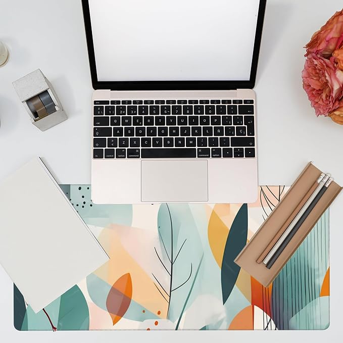 Desk Pad,Abstract Colorful Leaves Desk Mat,Abstract Line Art Large Gaming Mouse Pad for Desk,Extended Big Computer Keyboard Mouse Pad with Non-Slip Base and Stitched Edge,35.4"x15.7"