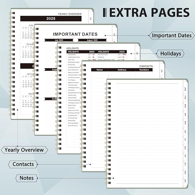 Planner 2025-2026, July 2025 - June 2026 Daily Weekly and Monthly Calendar Planner Book with Tabs, Notes Pages, Inner Pocket, Spiral Schedule Agenda A5 Notebook for School, College, Work-GREEN