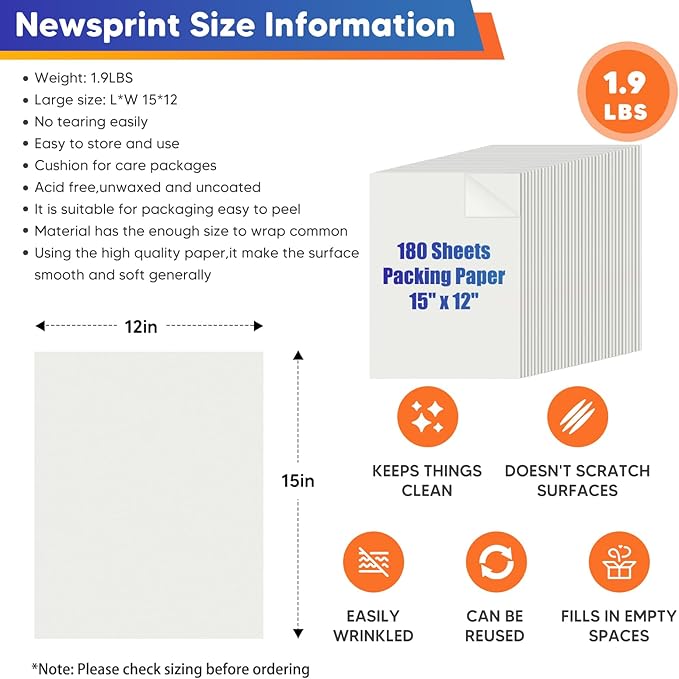 15" x 12" Newsprint Paper for Moving Boxes, 180 Sheets Packing Paper for Moving Supplies, Newspaper Wrapping Paper for Moving, Shipping, Packaging, Packing Boxes, Dishes Glasses Filler Materials
