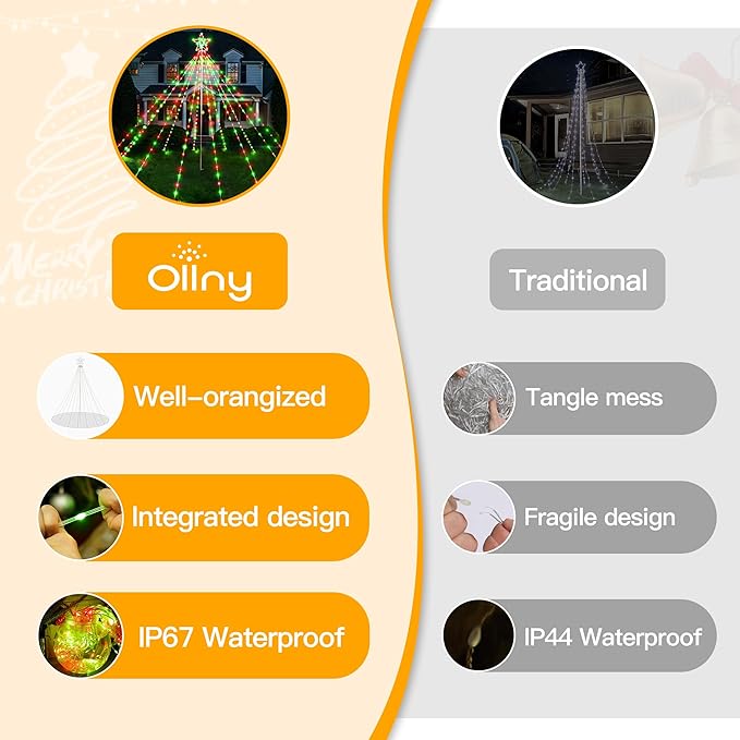 Ollny Christmas Lights Tree Red&Green 340LED with Topper Star, IP67 Waterproof Remote Control Waterfall Lights with Pole, 16 Lighting Modes Timer Dimmable Light Decorations Outdoor Yard Garden Lawn