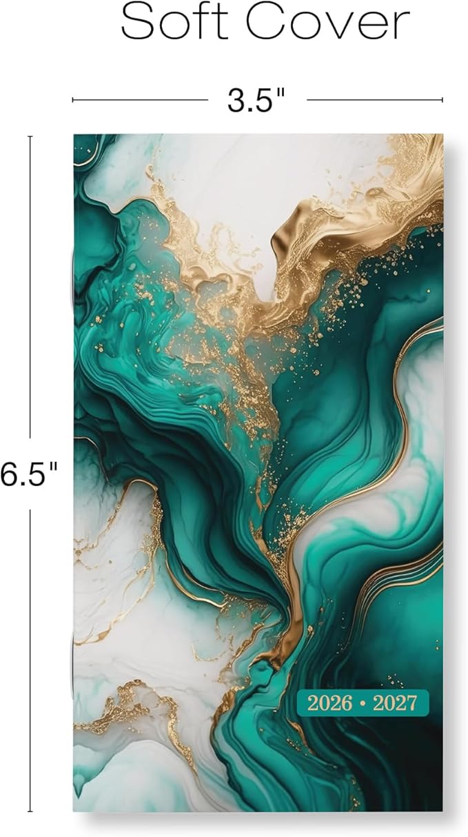 2-Year Monthly Pocket Planner/Pocket Calendar, 3.5"x6.5", 2026-2027: Weekly Planner/Weekly Agenda/Monthly Calendar Organizer (Teal Gold Marble)