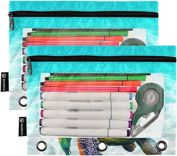 Sea Turtle Pencil Pouch for 3 Ring Binder, 2 Pack Waterproof Pencil Bags Clear Window Zipper School Office Supplies