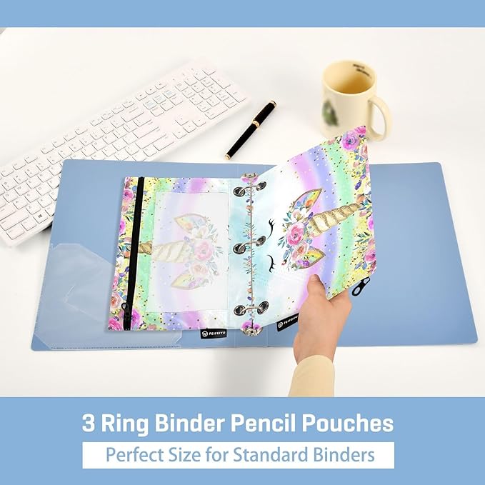 Unicorn Pink Pencil Pouch for 3 Ring Binder, 2 Pack Waterproof Pencil Bags Clear Window Zipper School Office Supplies