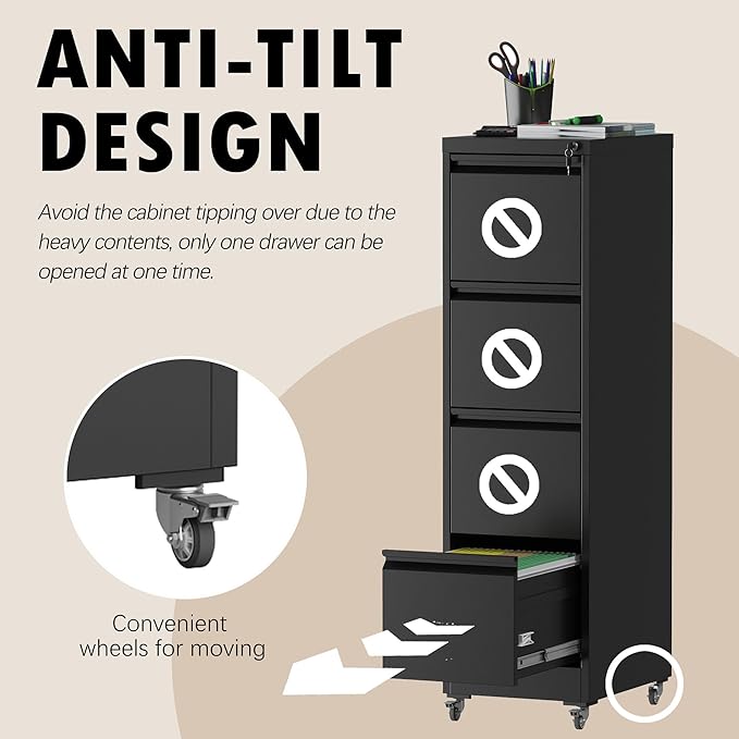 File Cabinet with Lock, 4 Drawers Filing Cabient with Wheel, Steel Vertical Filing Storage Cabinet for Home Office, Heavy-Duty File Cabinets for Letters/Legal/A4 (Require Assembly, Black)