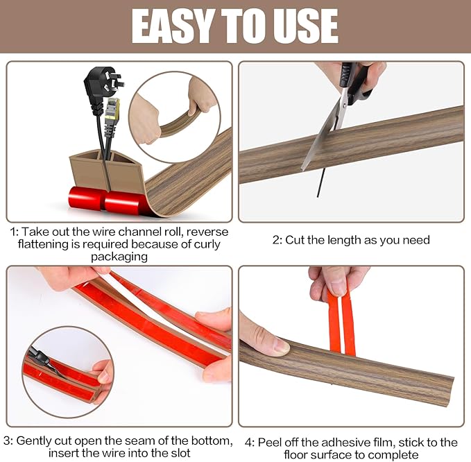 Floor Cord Cover Cavity 0.8"x0.37" Self Adhesive Cord Hider, 3.3FT Low Profile Cable Management, Extension Strip Protector for Wires, Prevent Cable Trips for Offices, Gyms,(Wood Smoked Brown)