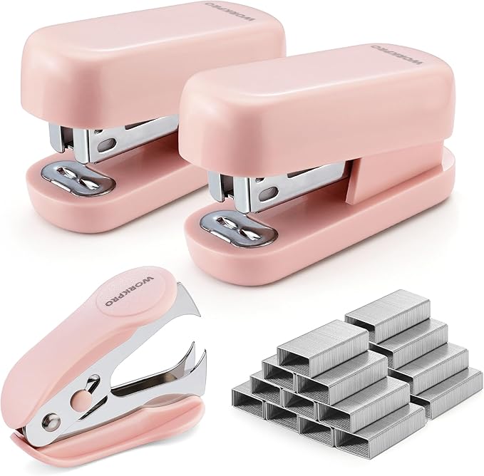 WORKPRO Mini Stapler with Staples, Pink Stapler Set Includes Two Small Staplers, One Staple Remover, 2000 Standard Staples - Cute Staplers for Desk with Non-Slip Base, Lock Design - Pink Ribbon