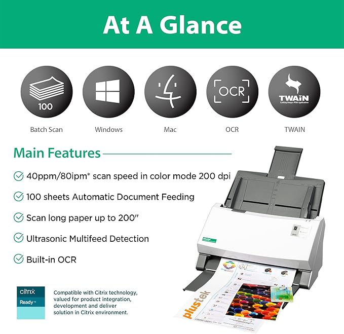 Plustek PS3140U Duplex Document Scanner, Citrix Ready & Twain Support for PC and Mac, Scan and Save Batch Documents