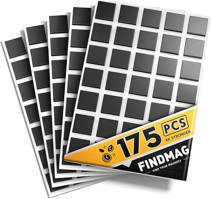 FINDMAG Magnetic Tape, 175 Pcs Square Magnets with Adhesive Backing, Flexible Magnetic Tape for Crafts, Magnetic Strip for DIY Projects, Hanging & Organizing Light Objects (Each 20x20x2mm)