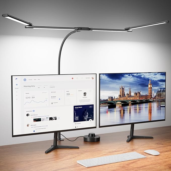 LED Desk Lamp with Clamp, 24W Ultra Architect Desk Lamp for Home Office, Stepless Dimming & Adjustable Gooseneck, Eye-Caring Light with USB Adapter for Reading, Study, Multi-Screen Setup (Black)