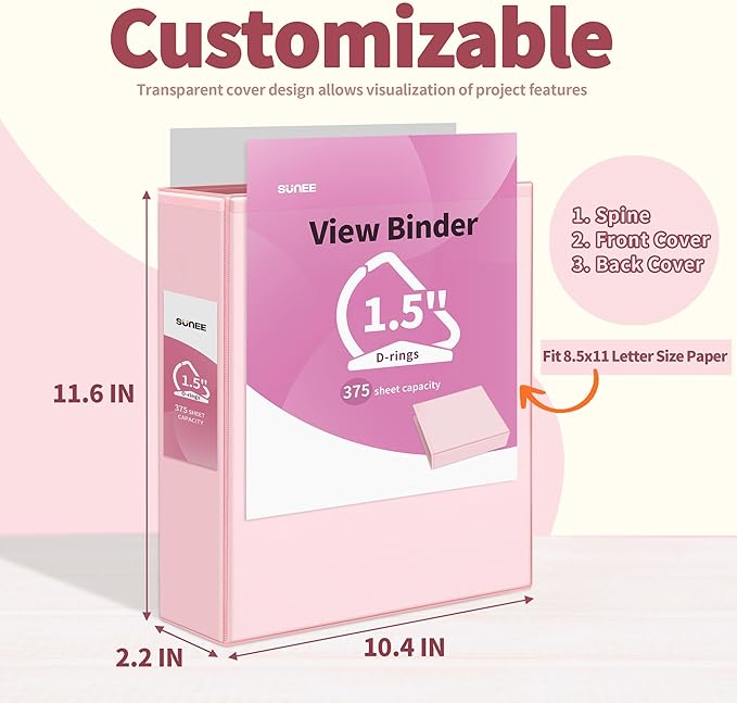 SUNEE 3 Ring Binder 1.5 Inch D Ring, Clear View Binder Three Ring PVC-Free (Fit 8.5x11 Inches) for School or Office Supplies, Assorted Pastel, 4 Pack