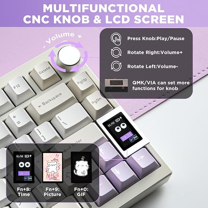 YUNZII AL80 Wireless Mechanical Keyboard,Full Aluminum CNC, Smart LCD Display,Hot Swappable Gasket Mount 75% Layout with Knob,BT/2.4G/USB-C,QMK/VIA Support for Win/Mac (Beige, Gateron Zero Switch)
