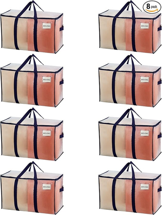 VENO 8 Pack Moving Bags, Heavy Duty, Moving Boxes Alternative, Packing Storage Supplies for Dorm Room Essentials with Zipper for Clothes, Extra Large Totes for Packaging (Clear, 8 Pack)