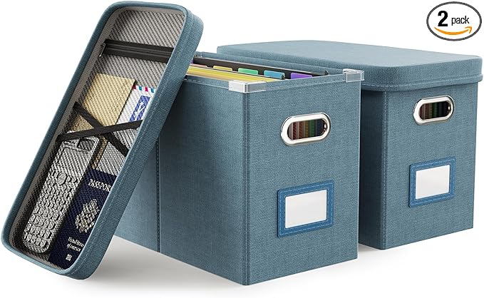 Oterri File Organizer with Lid, Hanging Filing Box with Mesh Pocket, Document Organizer for Letter Files, Portable Storage Box with Smooth Sliding Rail for Office&Home (2 PCS, Dark-blue)