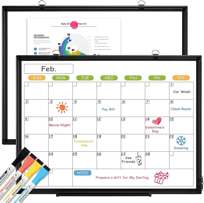 Dry Erase Calendar Whiteboard for Wall, 36" x 24" Double-Sided Magnetic Monthly WhiteBoard Calendar Dry Erase, Wall Hanging Aluminum Frame Calendar Board with Tray for Home, School, Office