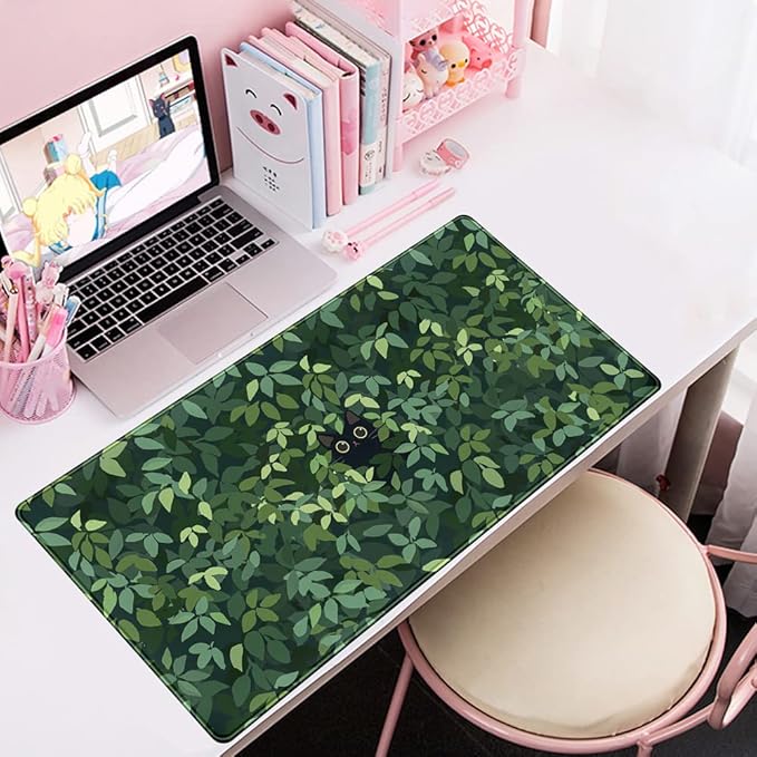 Cute Cat Kawaii Green Desk Mat - Large Gaming Mouse Pad & Keyboard Laptop Mat - Anime XL (31.5x15.7 in) - Non-Slip Base, Stitched Edges