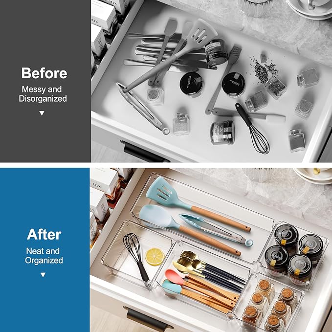9 Pack Large Plastic Drawer Organizers Set, Clear Drawer Organizer Bins for Desk, Bathroom, Kitchen, Utensils, 3 Size Versatile Acrylic Drawer Organizer Trays
