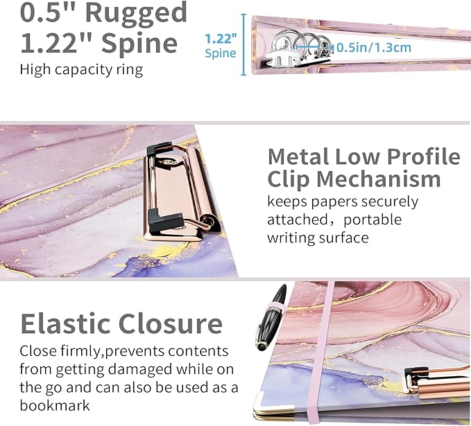 Ospelelf 3 Ring Binder, 1/2 Inch, Pink Marble, Letter Size (11" x 8.5"), 5 Tab Dividers, File Folder Labels, Low Profile Clipboards