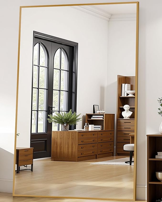 Antok Full Length Mirror, 76"x44" Floor Mirror, Floor Standing Freestanding Full Body Mirror with Stand for Bedroom, Hanging Mounted for Living Room Cloakroom, Gold