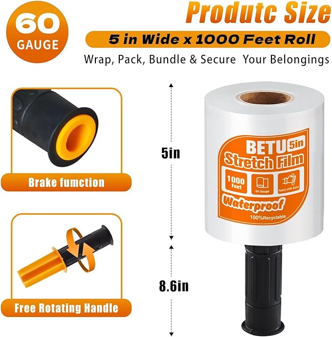 BETU Plastic Wrap Stretch Film for Moving Supplies 5inch X 1000ft, Shrink Wrap Stretch Roll Industrial for Furniture Wrapping Shipping Pallet Moving Boxes Storage with Handles, 1 Pack, Clear
