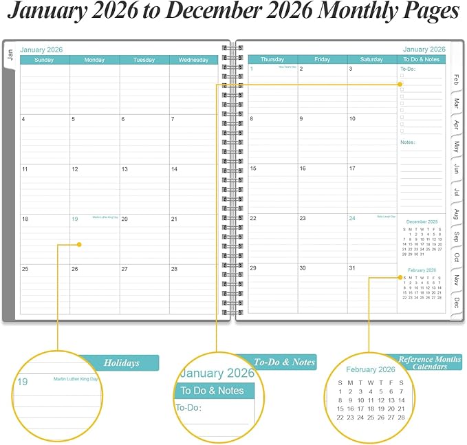 2026 Planner - Planner 2026 from January 2026 to December 2026 with 12 Monthly Tabs, Flexible Cover, Inner Pocket, 8.5" x 11", Grey-B