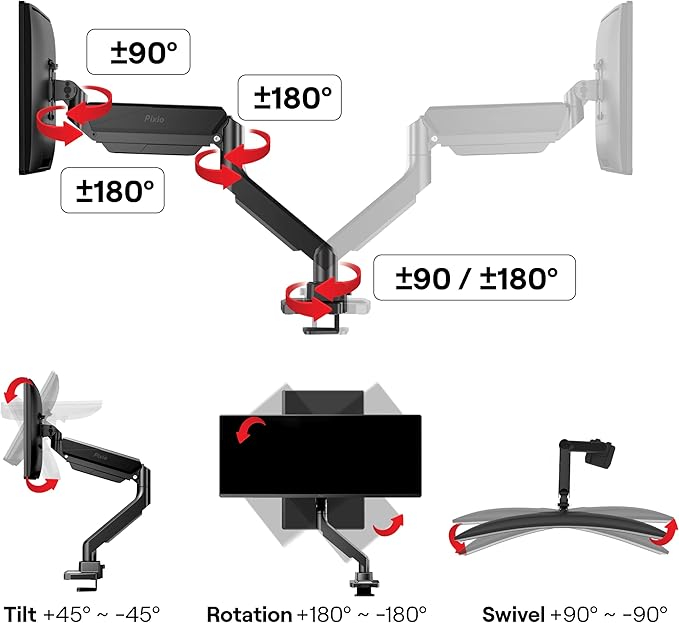 Pixio PS2S Ultrawide Heavy-Duty Premium Single Monitor Arm Stand Desk Mount - Fits up to 49 inches Monitors, Weights up to 39lbs Flat / 31lbs Curved, Compatible with VESA 75x75mm 100x100mm