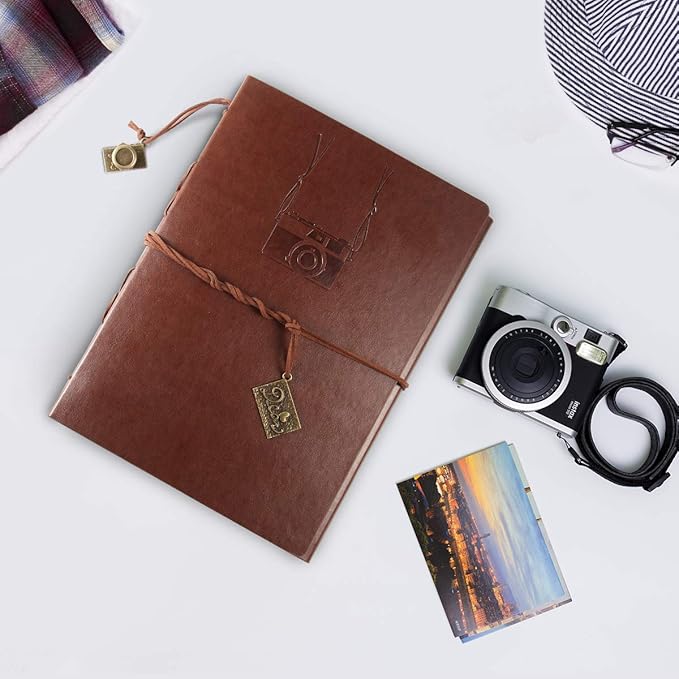 ThxMadam Leather Scrapbook Photo Album Vintage DIY Memory Book Guest Book Photograph Album Present for Valentines Anniversary Mother’s Day Birthday Gift for Photographer Boy Men Father Husband Camera