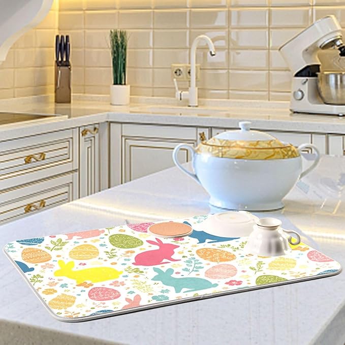 Flowers Eggs Bunny Easter Dish Drying Mat 18 X 24 Inches Spring Rose Leaves Peeps Rabbits Dry Dishes Pads Mats for Kitchen Tableware Protector Countertops Counter Home Decorations