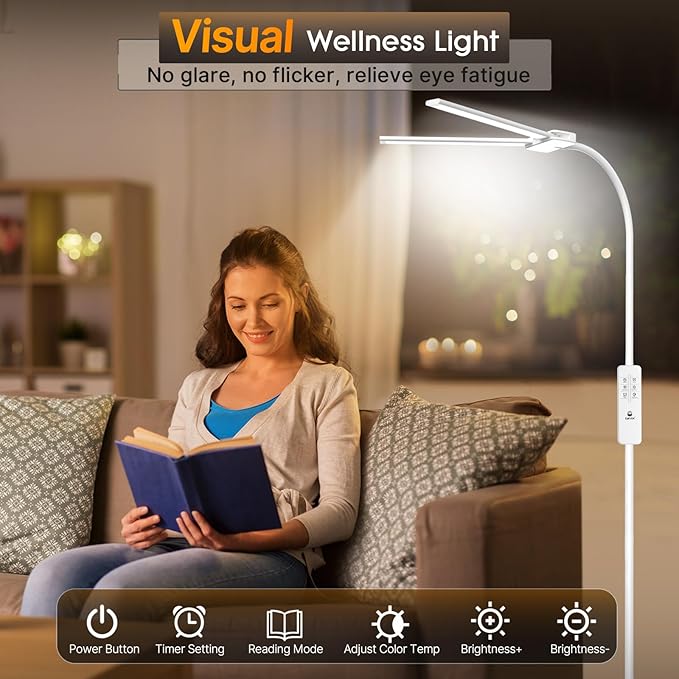 Syrinx LED Floor Lamp, Double Head Gooseneck Floor Lamps for Living Room with Gesture Switch & Remote Control, 14W Bright Tall Standing Lamp Modern Eye-Caring Reading Floor Lamp for Bedroom Office