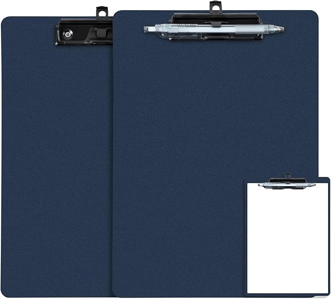 Blue Clipboard with Pen Holder, 2 Pack Plastic Clipboard with Low Profile Metal Clip, Hanging Clip Boards Holds 8.5x11 Inch Papers, Standard A4 Letter Size Clip Boards for Office & School