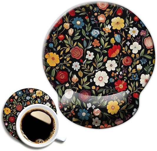 Ergo Comfort Gel Wrist Rest Mouse Pad-Ergonomic Office Mousepad with Wrist Support-Non-Slip, Design Desk Accessories Mat for Home&Game Decor Black Floral