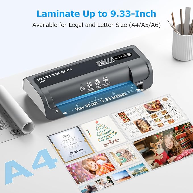 BONSEN A4 Laminator Machine, 9.33-Inch Thermal Laminator with Never Jam Technology, 100 Laminating Sheets, Laminates Photos Cards Documents, 4-in-1 Personal Laminators for Teachers Home Office School