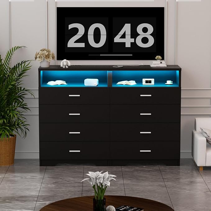 Dresser with Power Outlets and LED Lights Wooden 4 Drawer Dresser with Large Organizer Tall Black Drawer for Bedroom Modern Chest of Drawers Closet for Living Room Kids Room