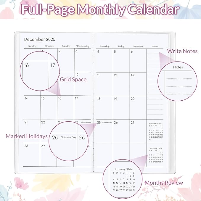 Pocket Calendar 2025-2027, Floral 2025-2027 Monthly Planner - 3.7" x 6.7" - Runs from September 2025 Until December 2027, 2026 Pocket Calendar with PVC Cover for Organizing & Planning